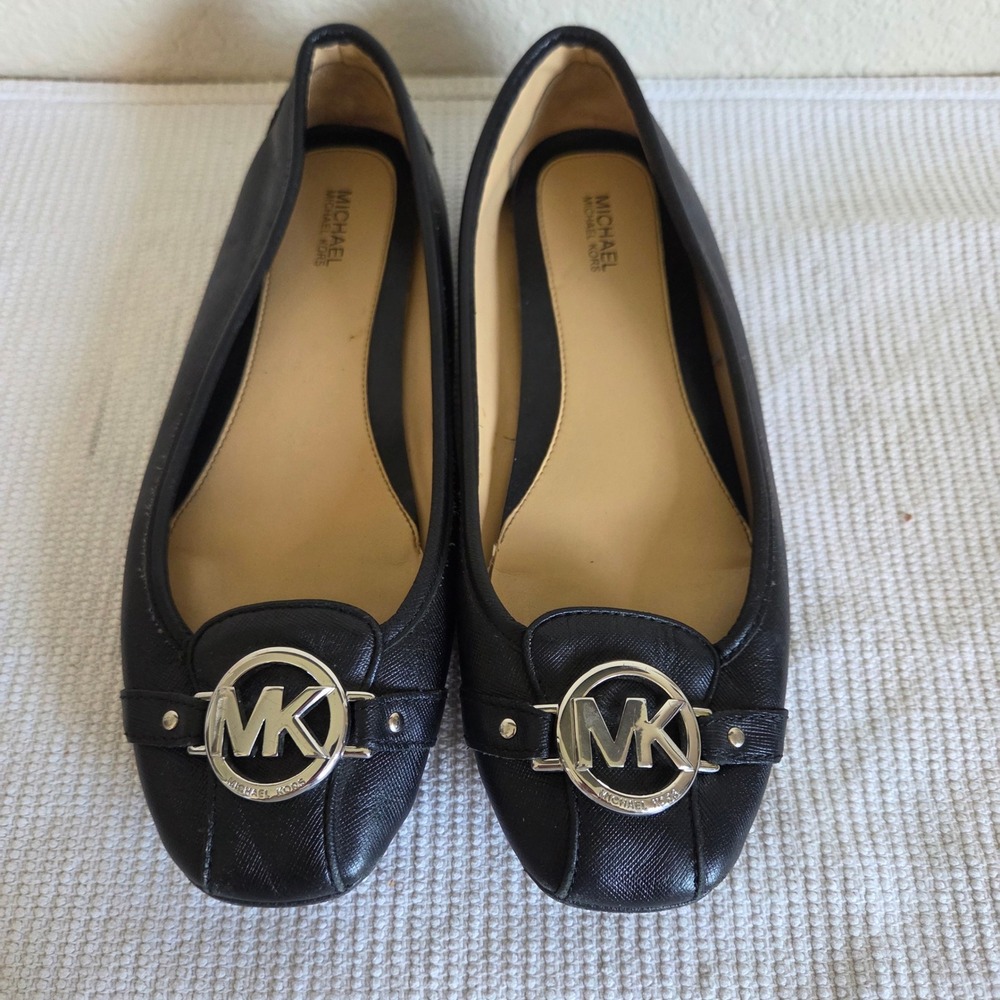 Michael Kors Fulton Moc Black Saffiano Leather Ballet Flats Silver MK Logo Sz 9 - Picture 3 of 8
